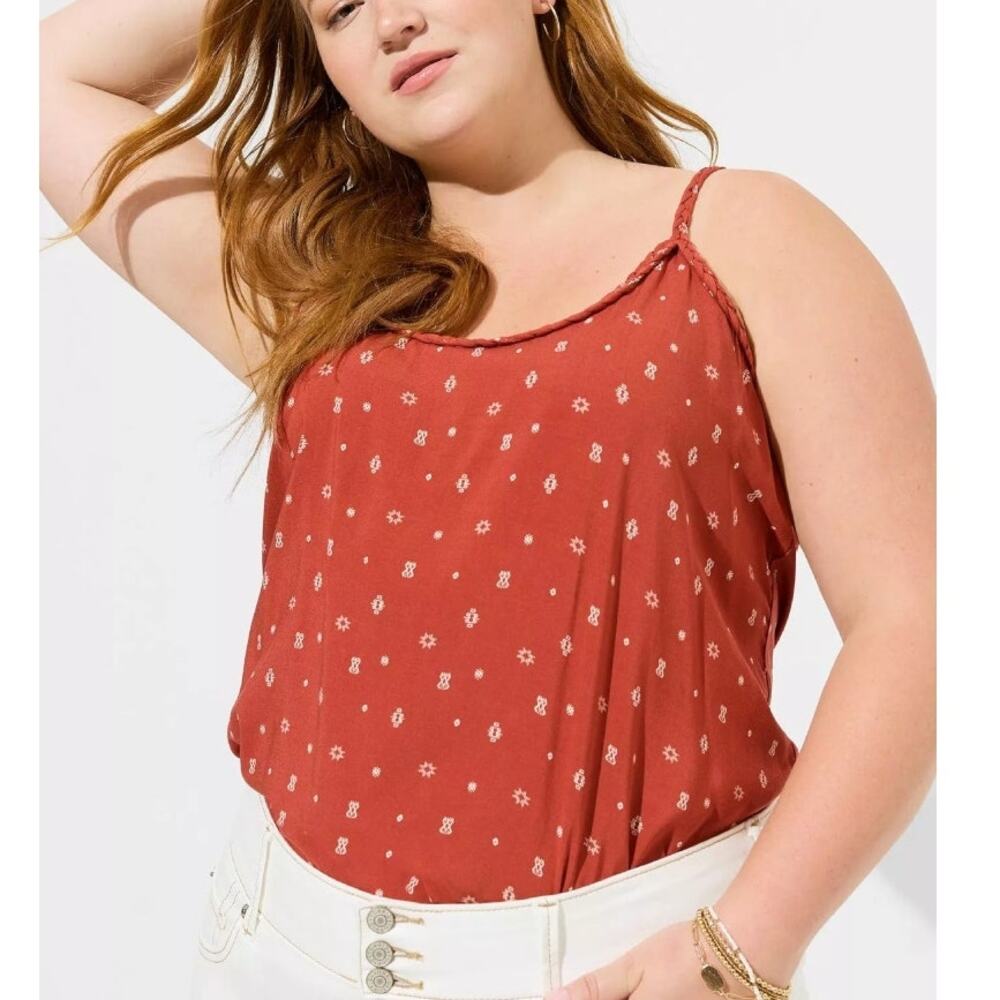 Torrid Braided Tank Womens Sz 2X Rust Red Geo Print Challis Sleeveless Top *FLAW